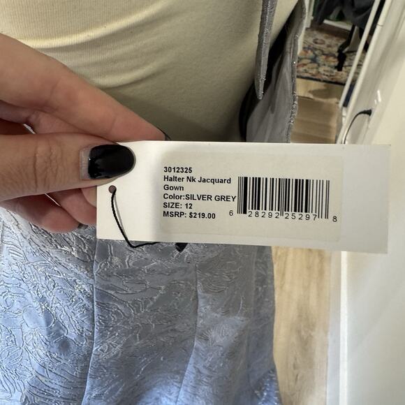 new halston heritage Silver Jaquard Halter Gown High Low Size 12 H - Picture 5 of 7